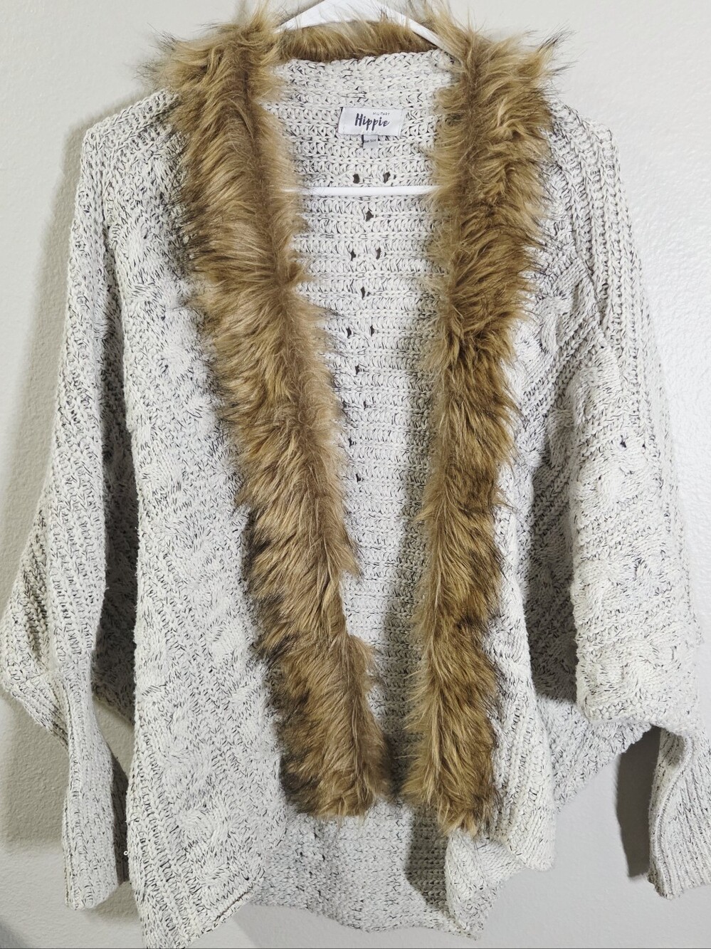 Military Hippie Open Faux Fur Trim Cable Knit Dolman Sleeve Cardigan Sweater OS
